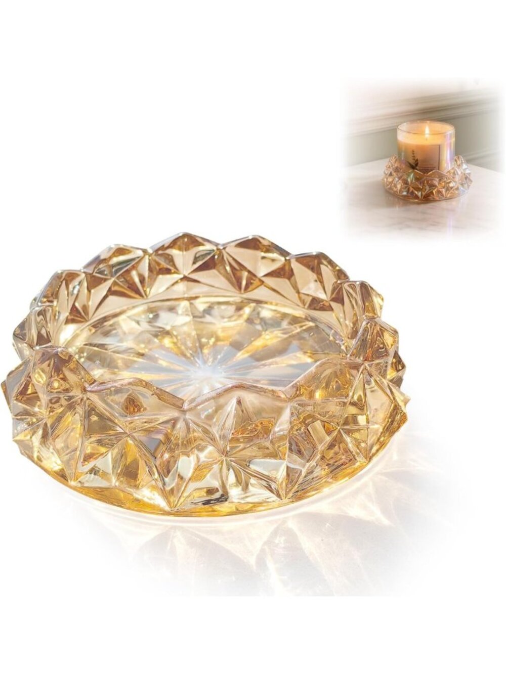 Large Geometric Glass Candle Holder for 3-Wick & Jar Candles - Crystal Tray